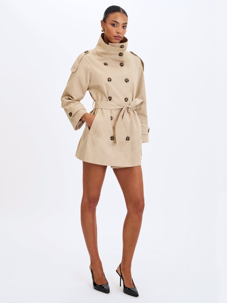 Vanetta Tan High Collar Double - Breasted Trench Mini Coat - HOUSE OF SHE