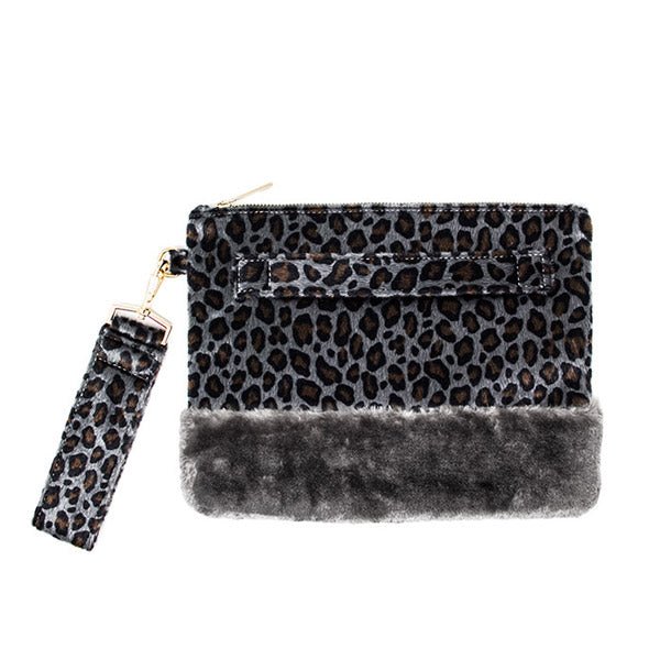 Vegan Leopard Faux Fur Trim Clutch Wristlet Bag - HOUSE OF SHE