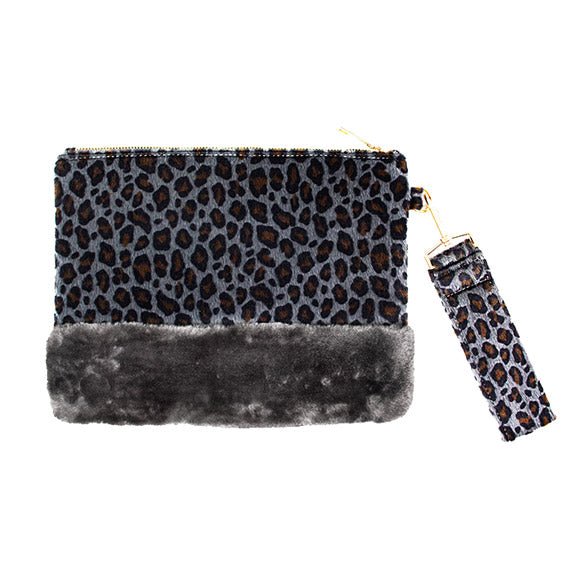 Vegan Leopard Faux Fur Trim Clutch Wristlet Bag - HOUSE OF SHE