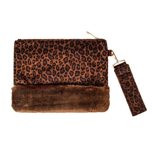 Vegan Leopard Faux Fur Trim Clutch Wristlet Bag - HOUSE OF SHE