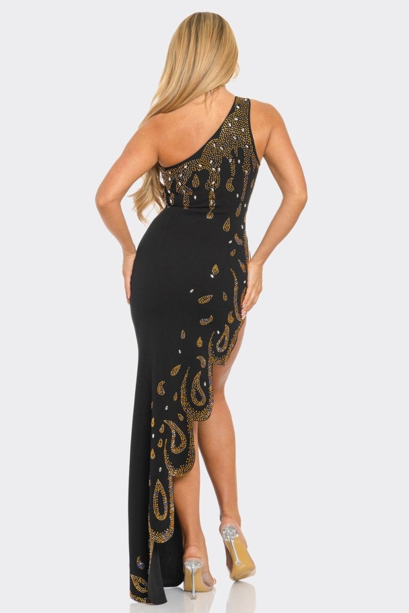 Vienna Rhinestone One Shoulder Maxi Dress - HOUSE OF SHE