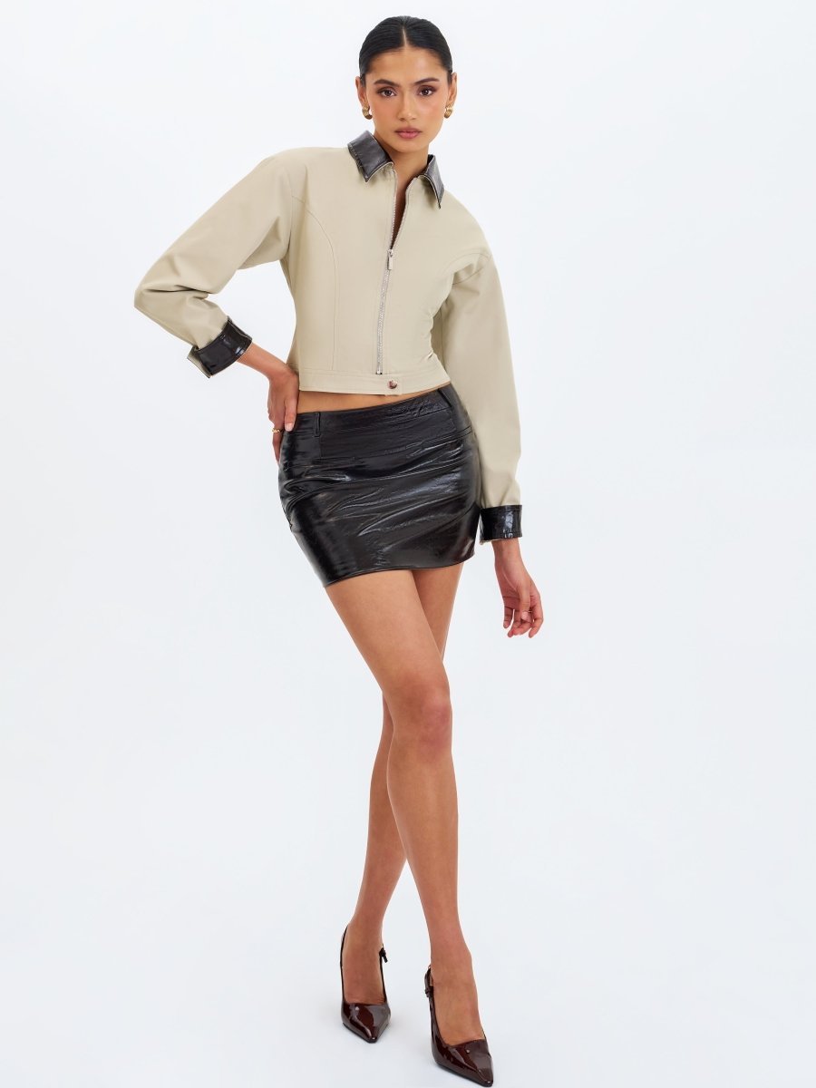 Vinette Sage Cotton Gabardine Cropped Front Zip Jacket - HOUSE OF SHE