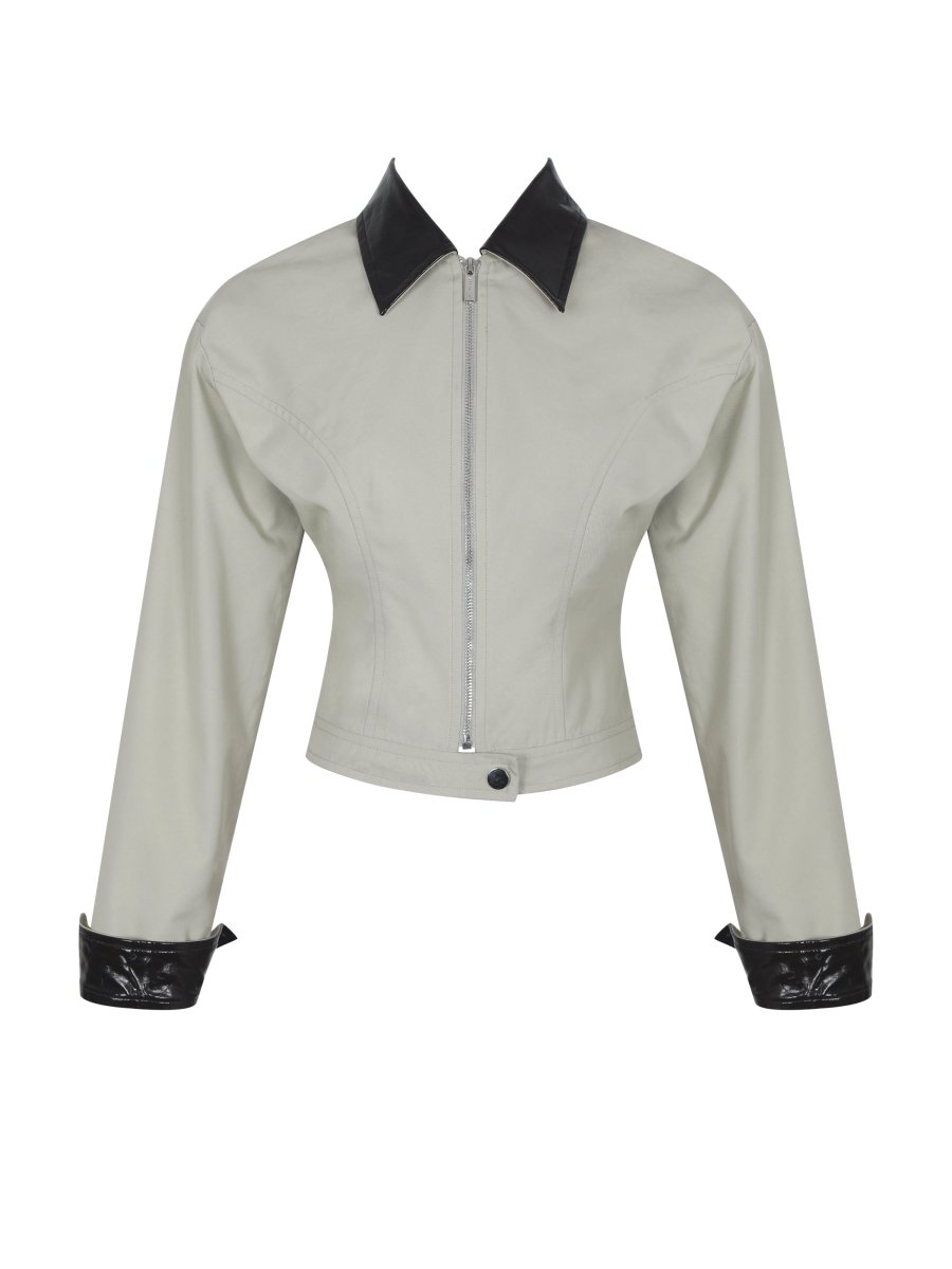 Vinette Sage Cotton Gabardine Cropped Front Zip Jacket - HOUSE OF SHE