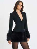 Wenona Black Fur Trimmed V - Neck Mini Blazer Dress - HOUSE OF SHE