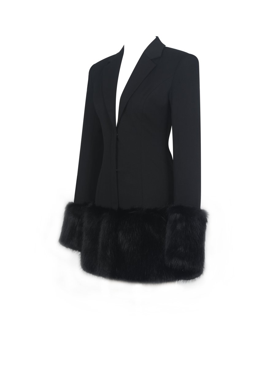 Wenona Black Fur Trimmed V - Neck Mini Blazer Dress - HOUSE OF SHE