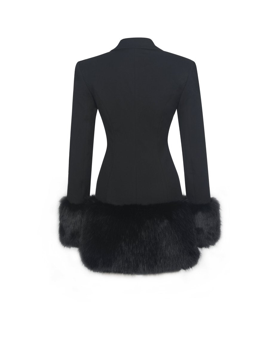 Wenona Black Fur Trimmed V - Neck Mini Blazer Dress - HOUSE OF SHE