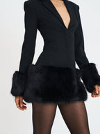 Wenona Black Fur Trimmed V - Neck Mini Blazer Dress - HOUSE OF SHE