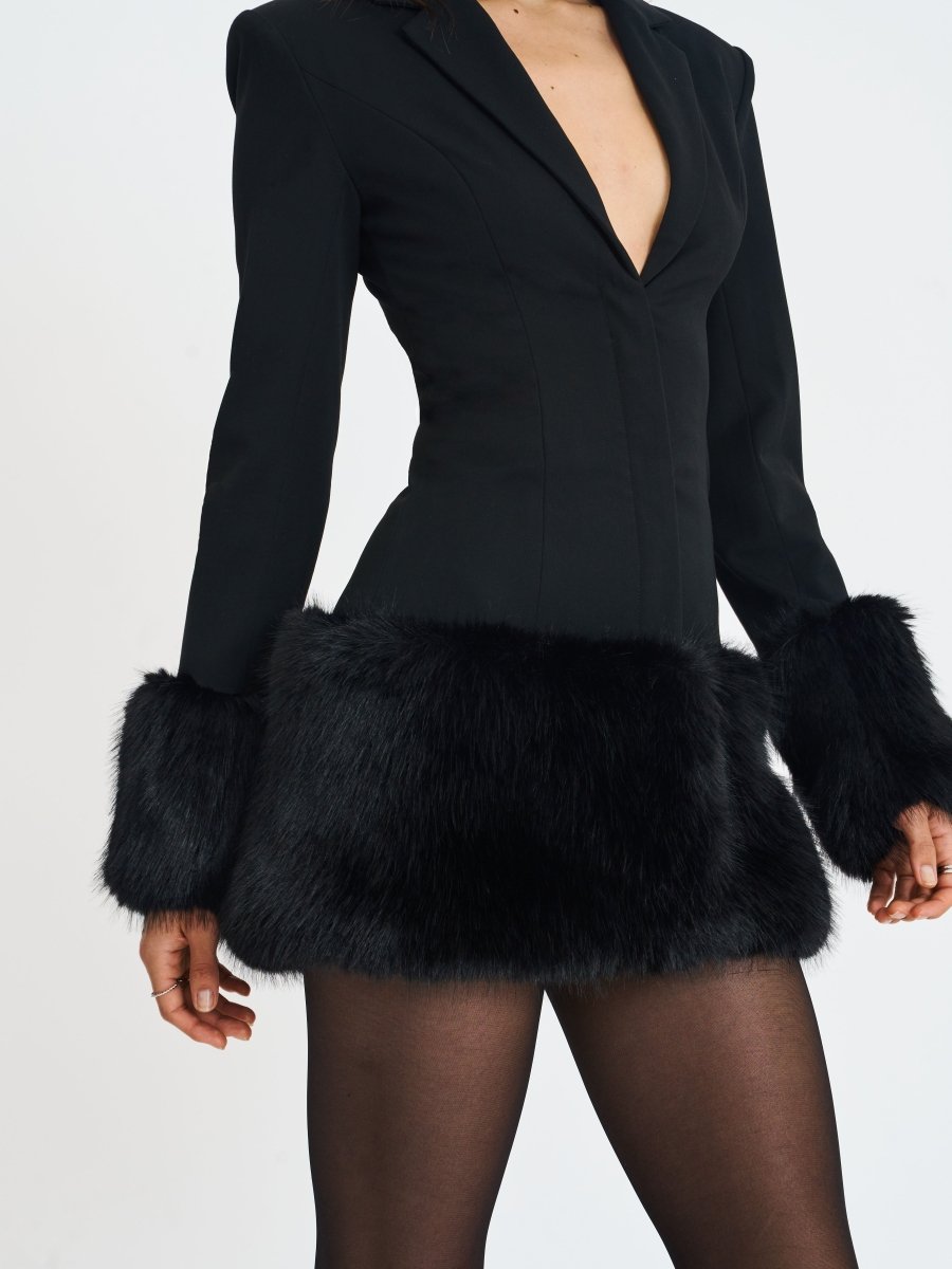 Wenona Black Fur Trimmed V - Neck Mini Blazer Dress - HOUSE OF SHE