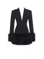 Wenona Black Fur Trimmed V - Neck Mini Blazer Dress - HOUSE OF SHE