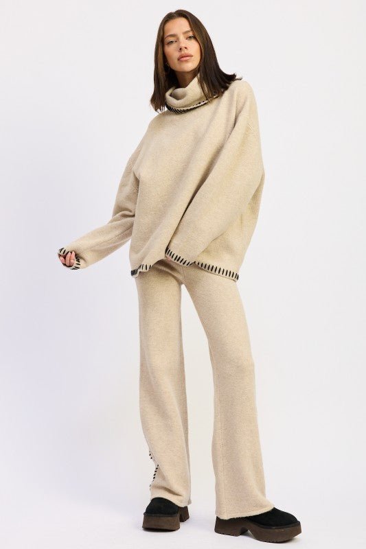 WIDE LEG PANTS WITH BLANKET STITCHING - HOUSE OF SHE
