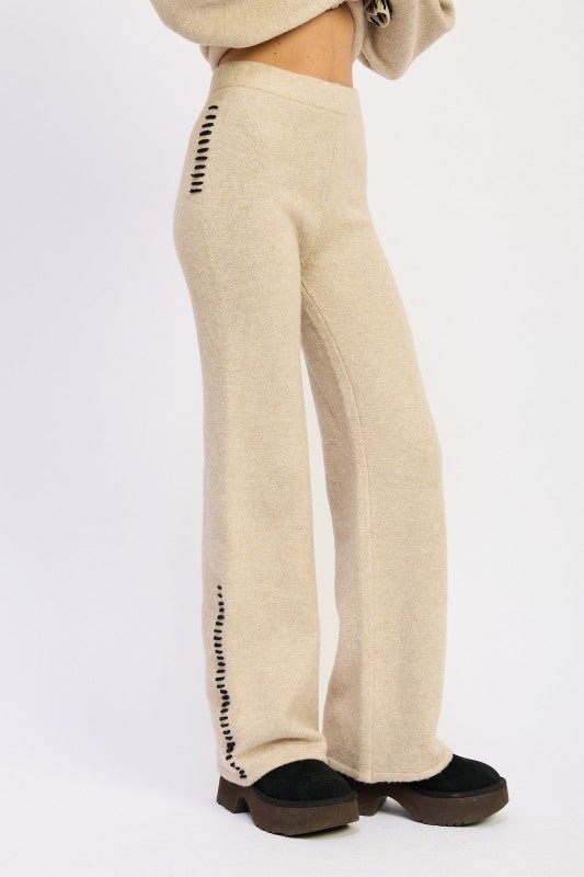 WIDE LEG PANTS WITH BLANKET STITCHING - HOUSE OF SHE