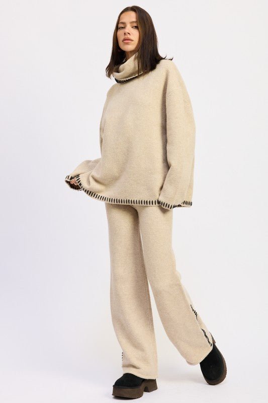 WIDE LEG PANTS WITH BLANKET STITCHING - HOUSE OF SHE