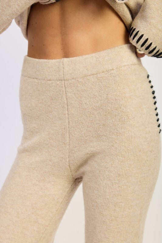 WIDE LEG PANTS WITH BLANKET STITCHING - HOUSE OF SHE