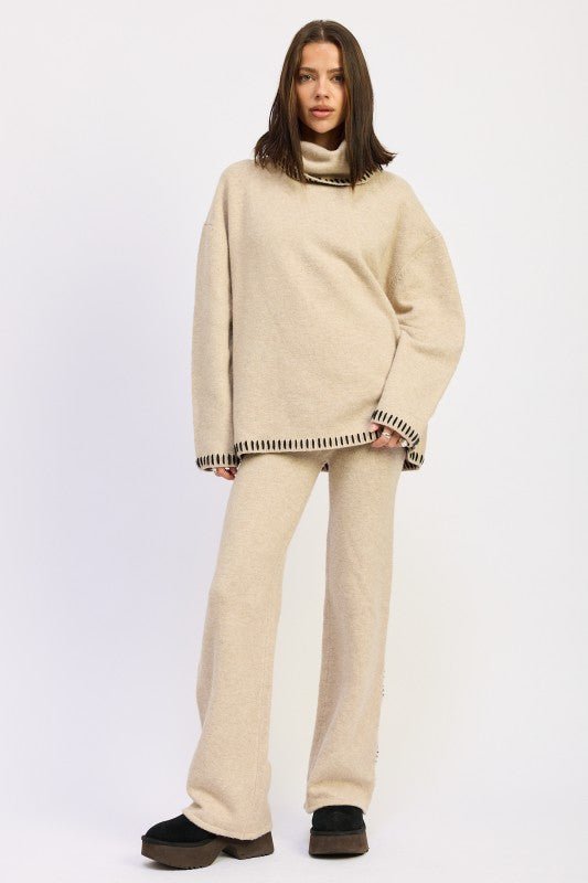 WIDE LEG PANTS WITH BLANKET STITCHING - HOUSE OF SHE
