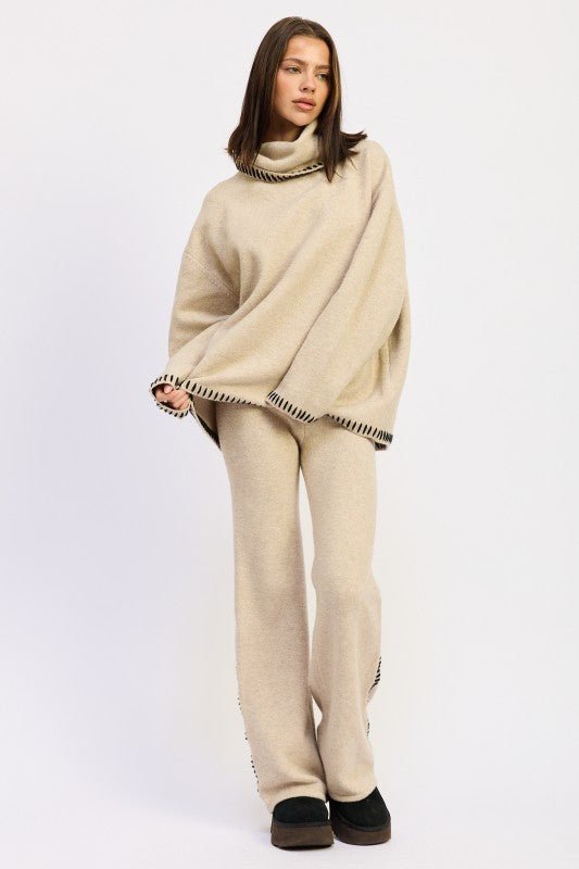 WIDE LEG PANTS WITH BLANKET STITCHING - HOUSE OF SHE