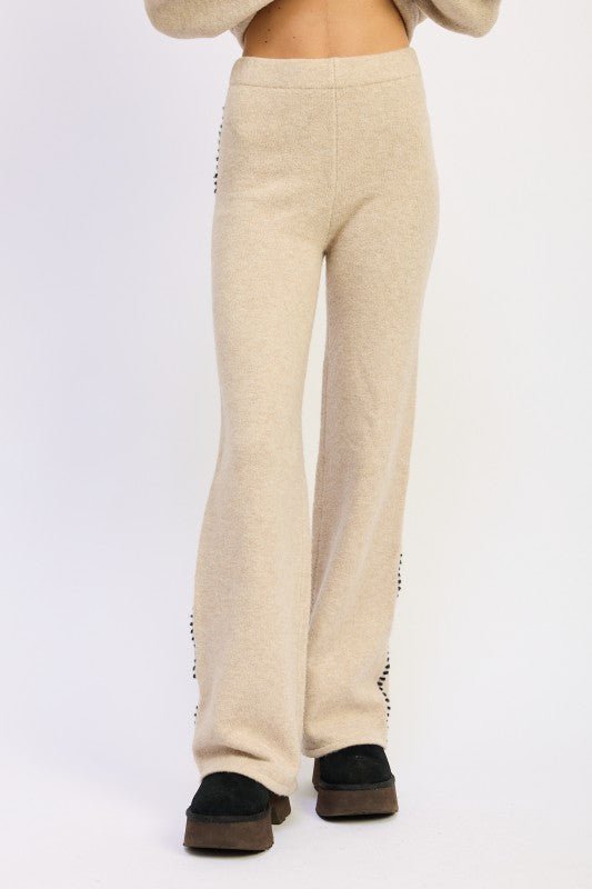 WIDE LEG PANTS WITH BLANKET STITCHING - HOUSE OF SHE
