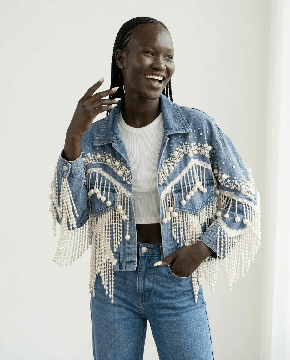 Wild Heart Pearl Tassel Denim Jacket - HOUSE OF SHE