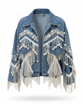 Wild Heart Pearl Tassel Denim Jacket - HOUSE OF SHE