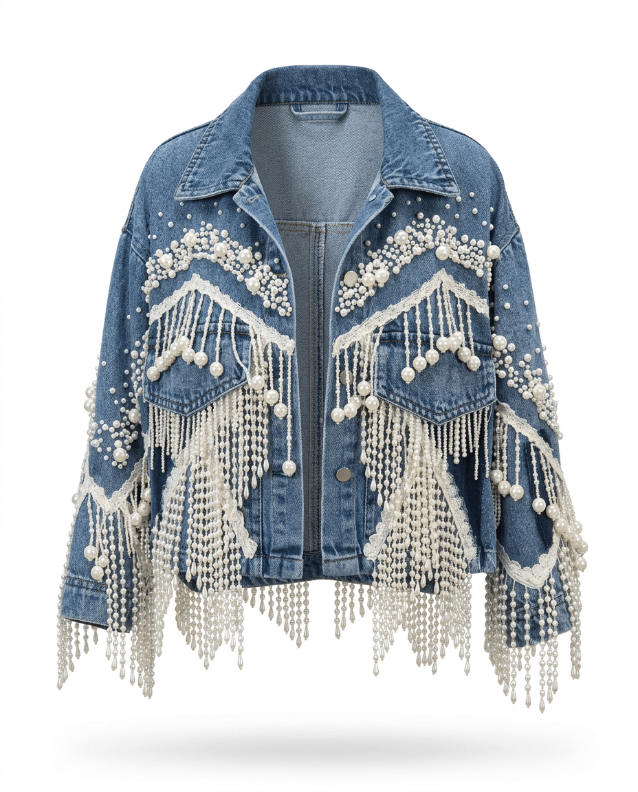 Wild Heart Pearl Tassel Denim Jacket - HOUSE OF SHE