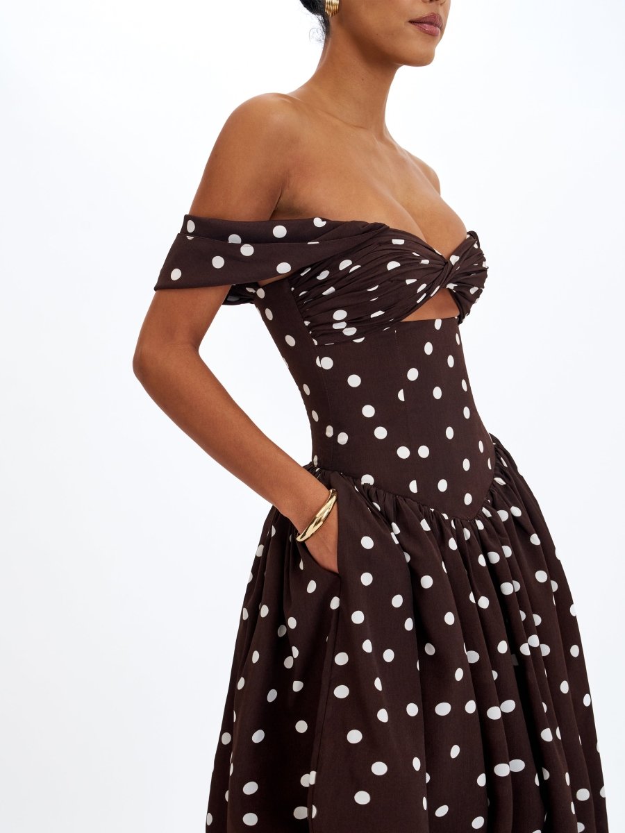 Xandie Mocha Polka Dot Off - Shoulder Midi Dress - HOUSE OF SHE