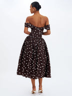 Xandie Mocha Polka Dot Off - Shoulder Midi Dress - HOUSE OF SHE