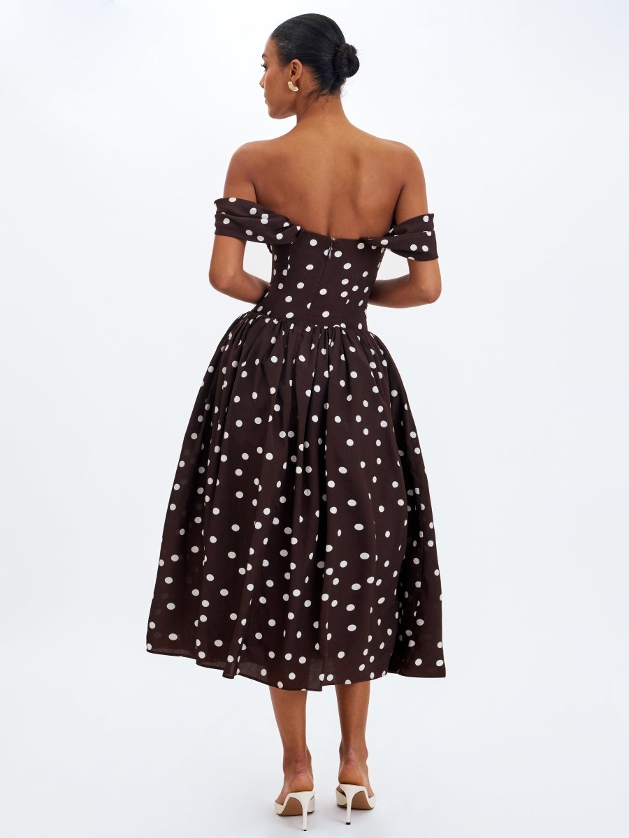 Xandie Mocha Polka Dot Off - Shoulder Midi Dress - HOUSE OF SHE