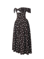 Xandie Mocha Polka Dot Off - Shoulder Midi Dress - HOUSE OF SHE