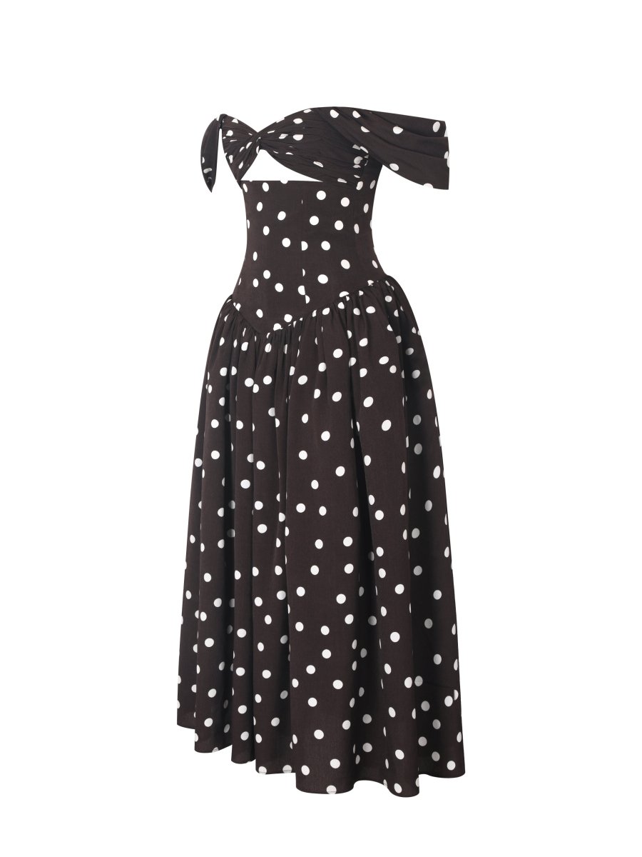 Xandie Mocha Polka Dot Off - Shoulder Midi Dress - HOUSE OF SHE