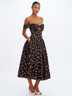 Xandie Mocha Polka Dot Off - Shoulder Midi Dress - HOUSE OF SHE