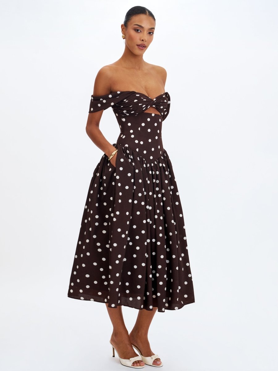 Xandie Mocha Polka Dot Off - Shoulder Midi Dress - HOUSE OF SHE