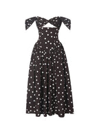 Xandie Mocha Polka Dot Off - Shoulder Midi Dress - HOUSE OF SHE