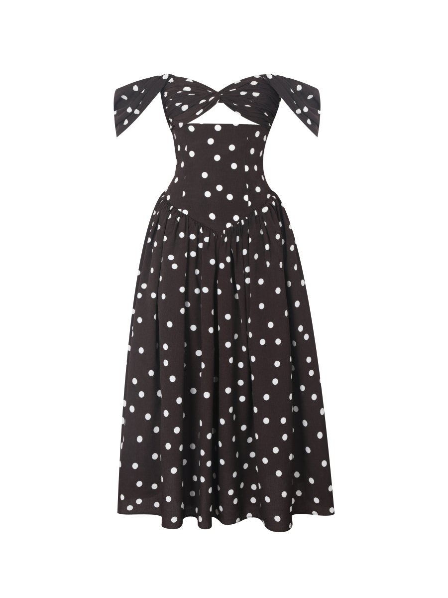 Xandie Mocha Polka Dot Off - Shoulder Midi Dress - HOUSE OF SHE