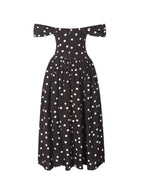 Xandie Mocha Polka Dot Off - Shoulder Midi Dress - HOUSE OF SHE