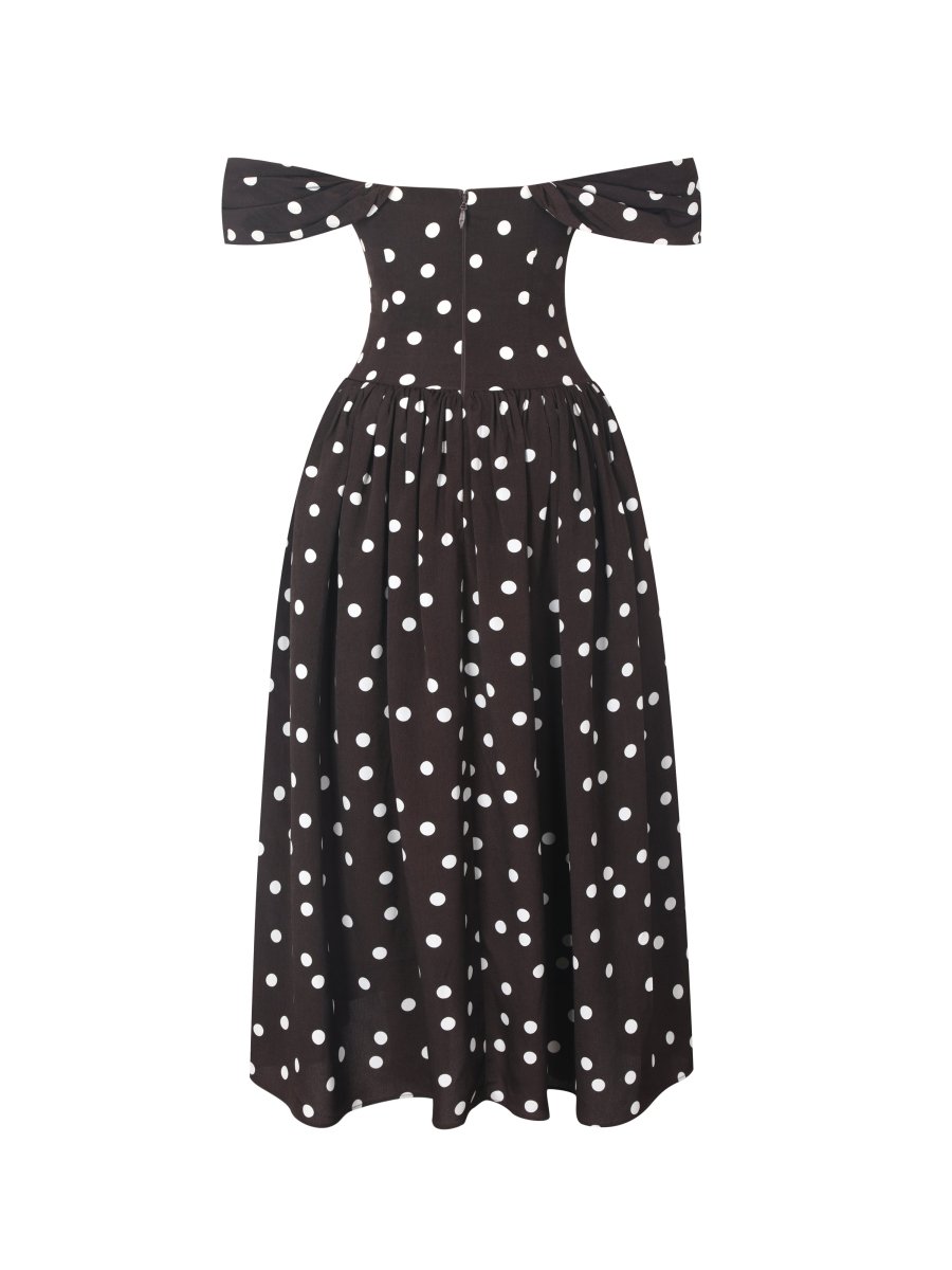 Xandie Mocha Polka Dot Off - Shoulder Midi Dress - HOUSE OF SHE