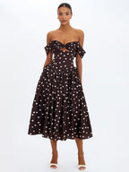 Xandie Mocha Polka Dot Off - Shoulder Midi Dress - HOUSE OF SHE