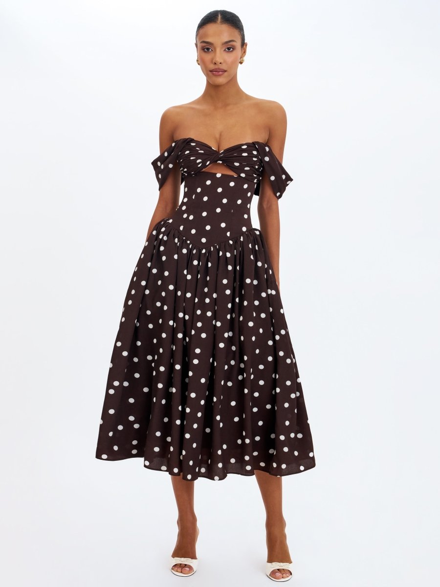 Xandie Mocha Polka Dot Off - Shoulder Midi Dress - HOUSE OF SHE