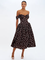 Xandie Mocha Polka Dot Off - Shoulder Midi Dress - HOUSE OF SHE