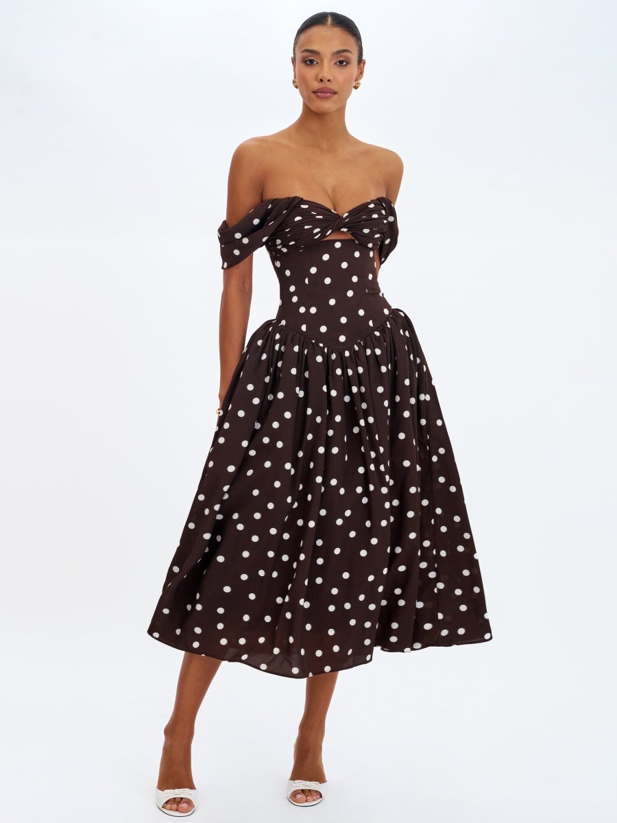 Xandie Mocha Polka Dot Off - Shoulder Midi Dress - HOUSE OF SHE