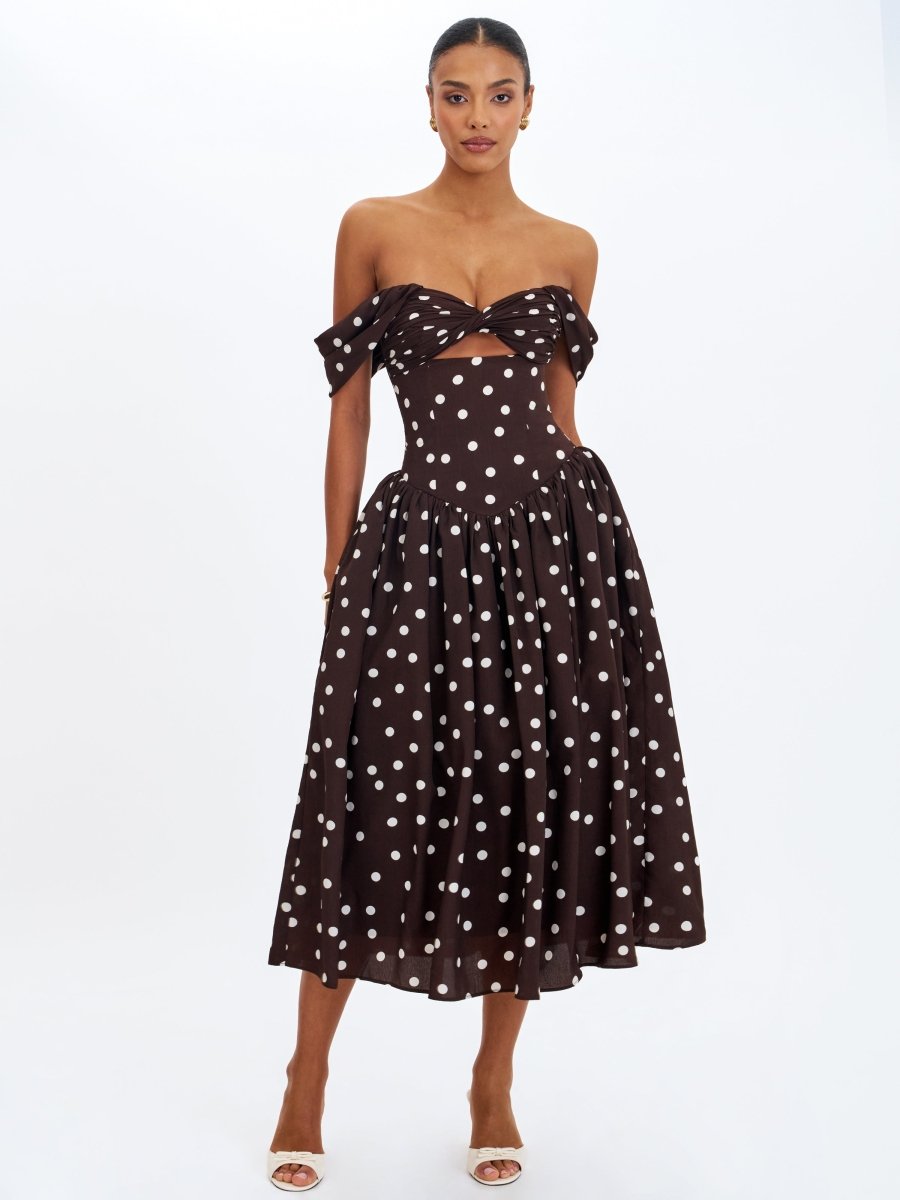 Xandie Mocha Polka Dot Off - Shoulder Midi Dress - HOUSE OF SHE