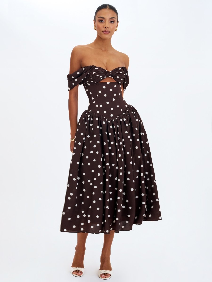 Xandie Mocha Polka Dot Off - Shoulder Midi Dress - HOUSE OF SHE