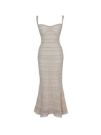 Xiomara Beige & Gold Stripe Crochet Knit Mermaid Midi Dress - HOUSE OF SHE