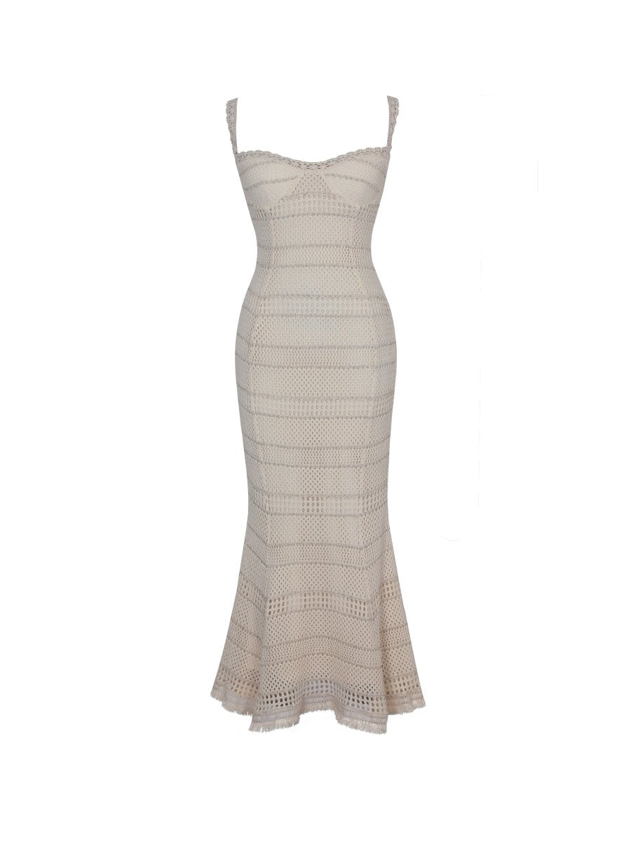 Xiomara Beige & Gold Stripe Crochet Knit Mermaid Midi Dress - HOUSE OF SHE