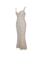 Xiomara Beige & Gold Stripe Crochet Knit Mermaid Midi Dress - HOUSE OF SHE