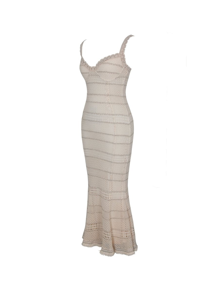 Xiomara Beige & Gold Stripe Crochet Knit Mermaid Midi Dress - HOUSE OF SHE