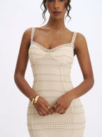 Xiomara Beige & Gold Stripe Crochet Knit Mermaid Midi Dress - HOUSE OF SHE