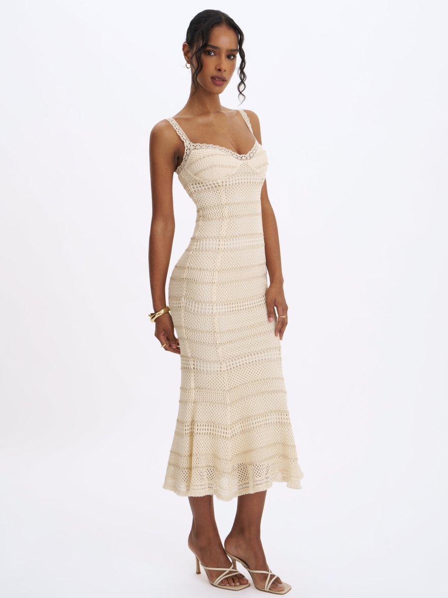 Xiomara Beige & Gold Stripe Crochet Knit Mermaid Midi Dress - HOUSE OF SHE