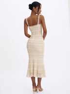 Xiomara Beige & Gold Stripe Crochet Knit Mermaid Midi Dress - HOUSE OF SHE
