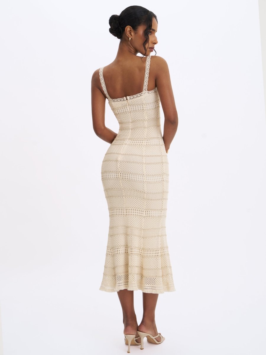 Xiomara Beige & Gold Stripe Crochet Knit Mermaid Midi Dress - HOUSE OF SHE