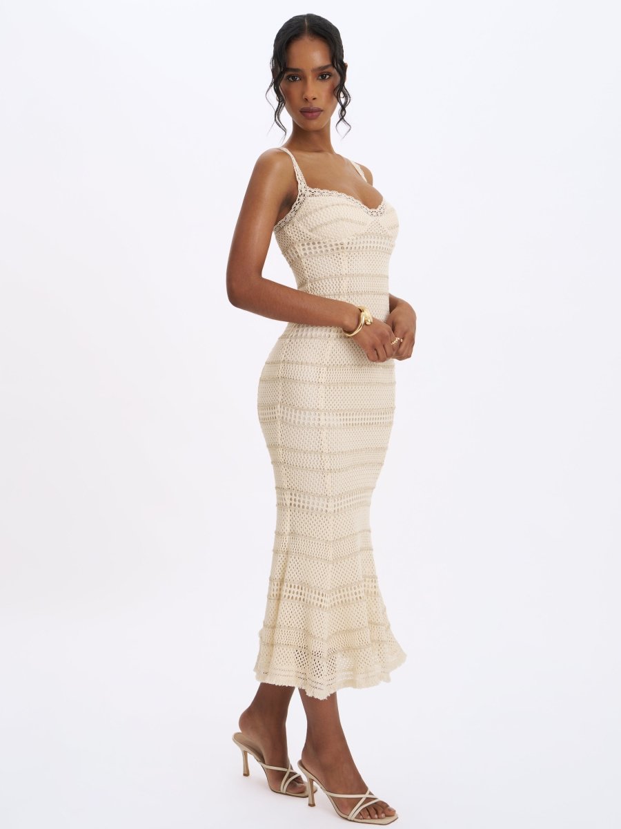 Xiomara Beige & Gold Stripe Crochet Knit Mermaid Midi Dress - HOUSE OF SHE