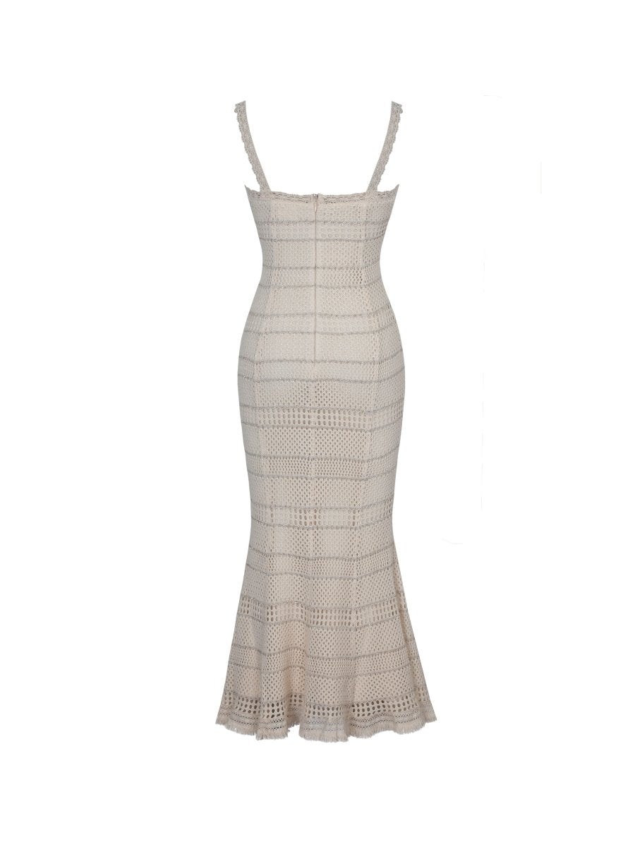 Xiomara Beige & Gold Stripe Crochet Knit Mermaid Midi Dress - HOUSE OF SHE